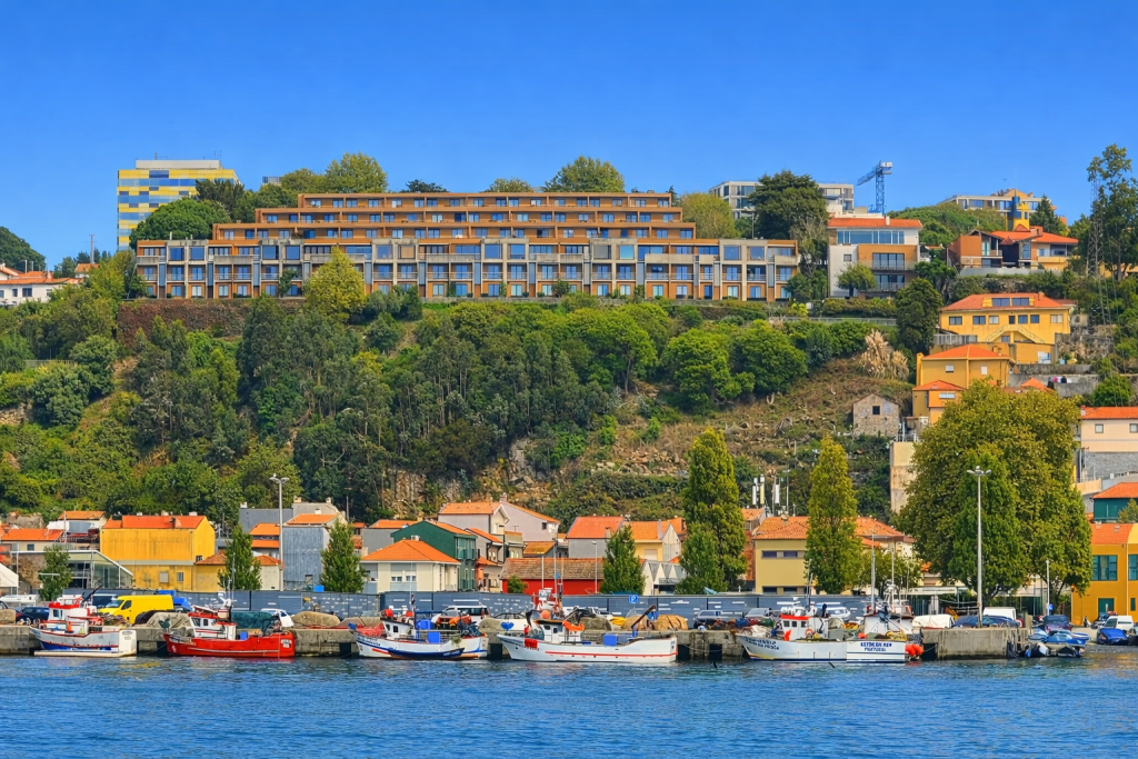 Traditional boats moored along the Douro River in Afurada, Porto