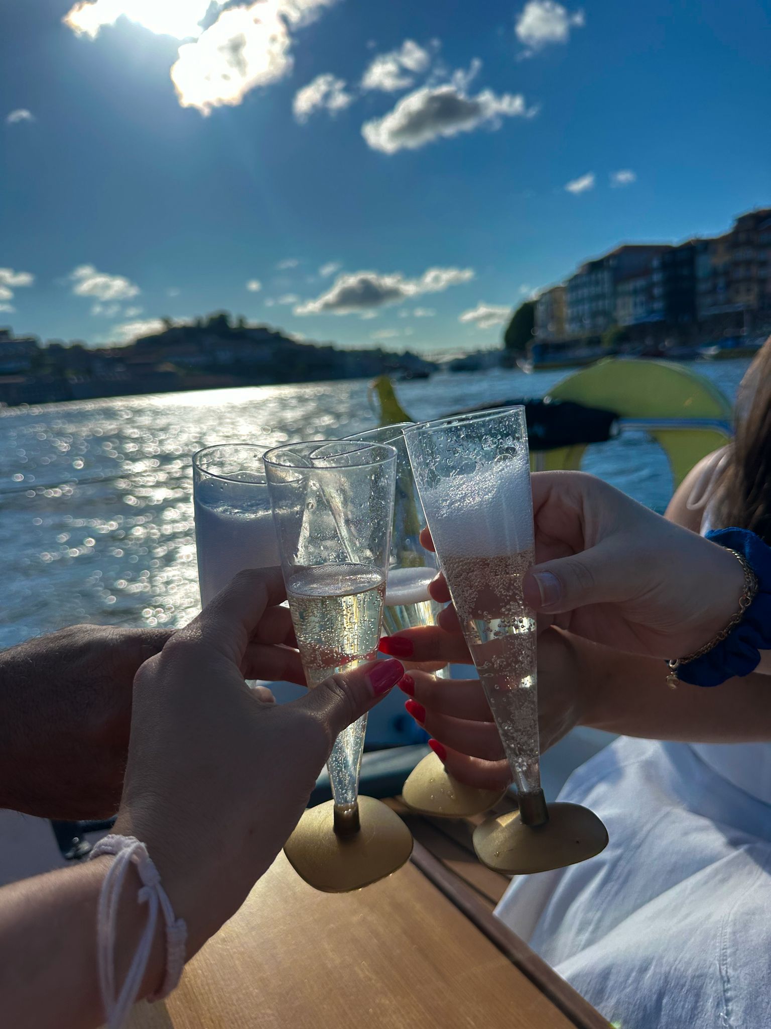 Guests toasting with sparkling wine during a private boat tour on the Douro River in Porto