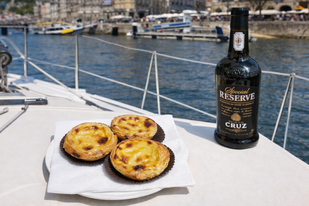 Pastel de nata and Port wine tasting offered on board during the Douro River sailing tour in Porto